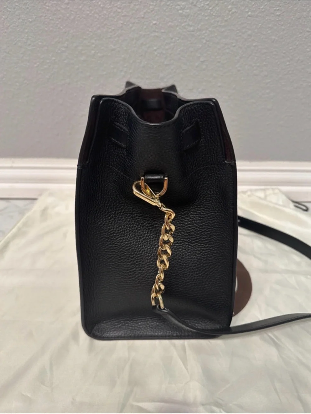 Michael Kors Black Leather Satchel with Gold Hardware and MK Charm